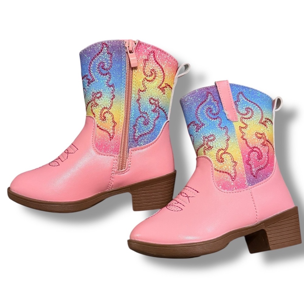 Kids Pink Rainbow Glitter Cowboy Boots Side Zip Western Toddler Sz 7.5